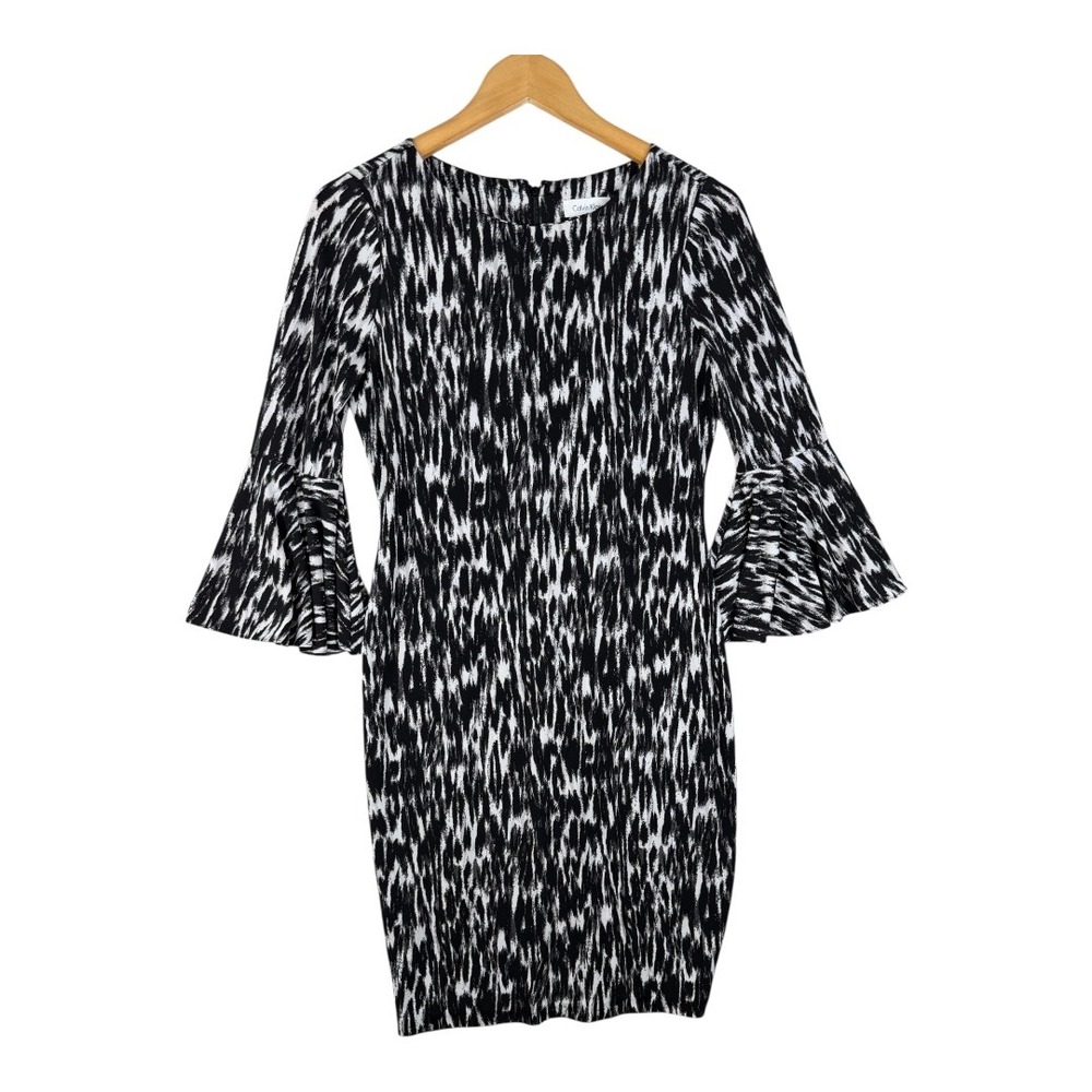 Calvin Klein Women's Animal Print Bell Sleeve Dress Size 4 Black and White